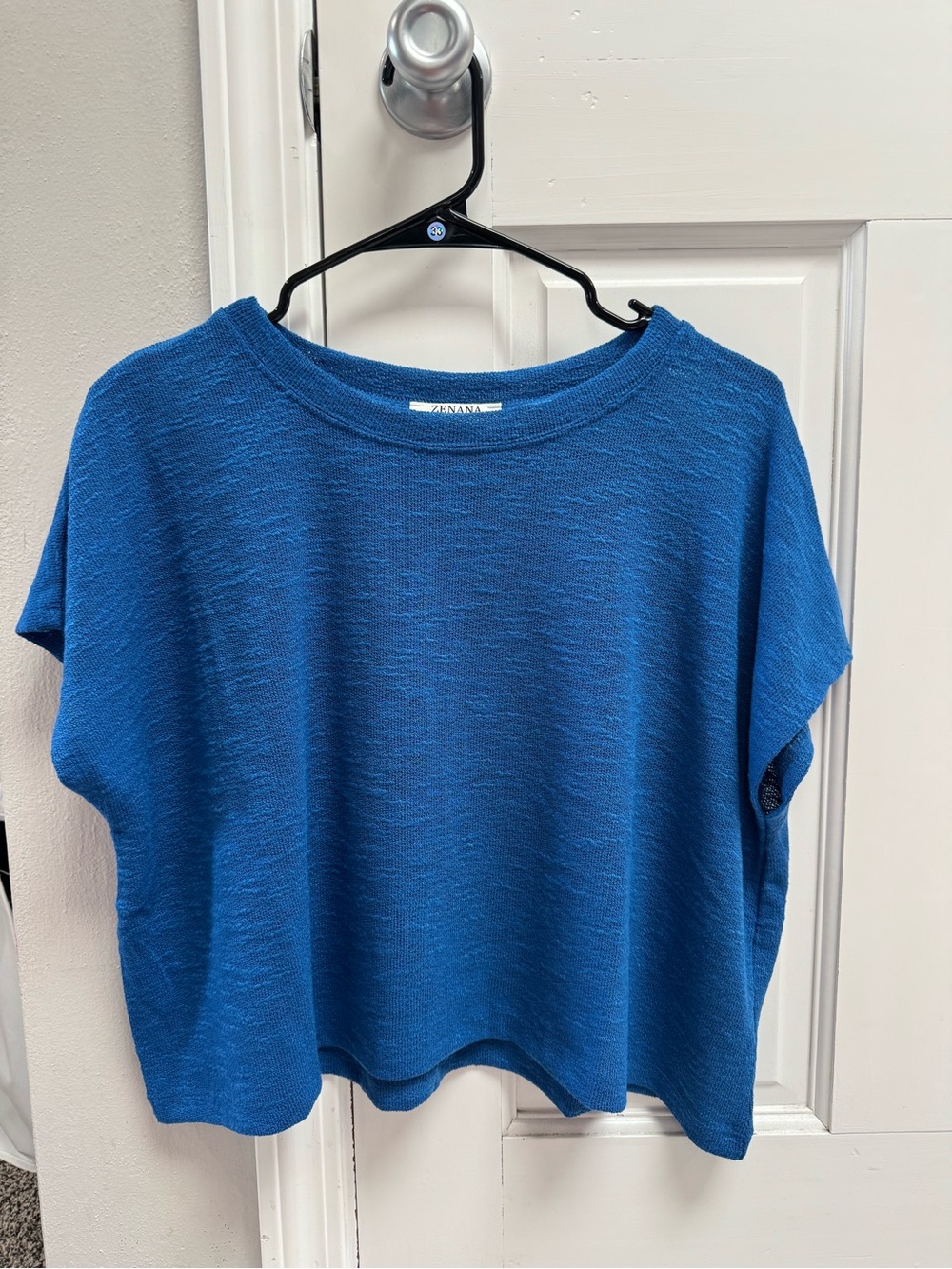 Zenana Round Neck Hacci Top Blue Short Sleeve Boxy Knit Tee